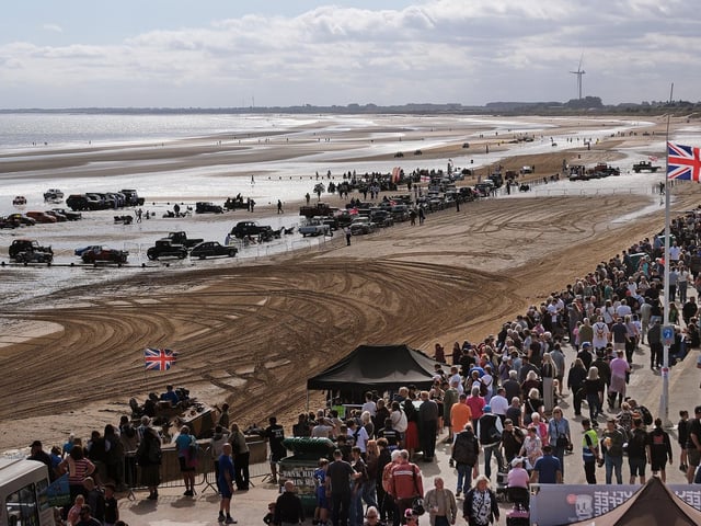 Cars line up for a weekend of racing on Bridlington's south beach.