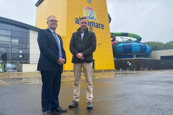 North Yorkshire Council deputy leader Counc Gareth Dadd and Flamingo Land boss Gordon Gibb outside Alpamare water park in Scarborough.Picture: LDRS