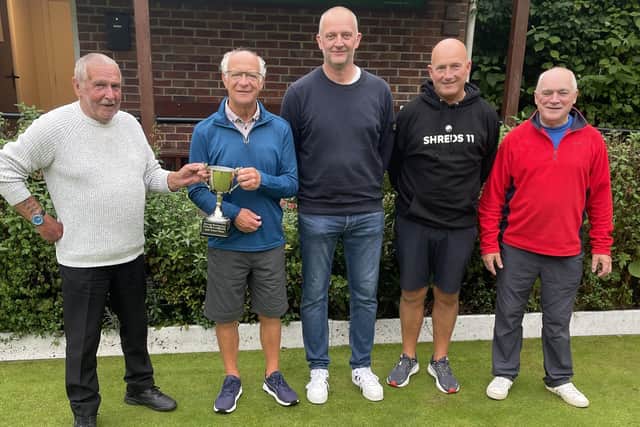 From left, Borough Drawn Pairs Merit winners Kenny Rodgers and Dave Pryce, Borough President Andy Adamson and runners-up Alan Landers & Ian Hadden