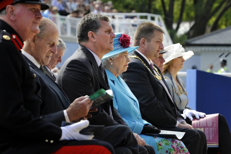 The Queen watching the show, with Prince Phillip (L),  Jim Dillon, chief executive of Scarborough Borough Council, and Cllr Bill Chatt, Mayor of Scarborough.
102036z