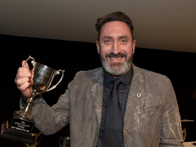 Jono Greening collects the Lesley Gillatt Sports Teacher of the Year award on behalf of younger brother Josh Greening.