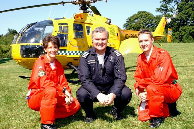 Hopefully you wont need the services of the air ambulance but they are going to work regardless of ongoing pandemics. The Yorkshire Air Ambulance Crew pilot John Sutherland with Paramedics Sammy Wills from Sheffield(left) and Neil Roberts pictured in 2003