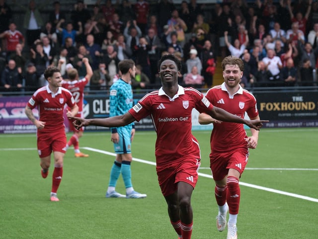 Boro forward Mo Fadera celebrates a goal against Southport . Photo by Richard Ponter