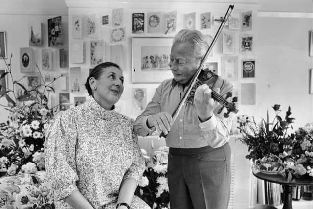 Max Jaffa serenades his wife Jean in 1984