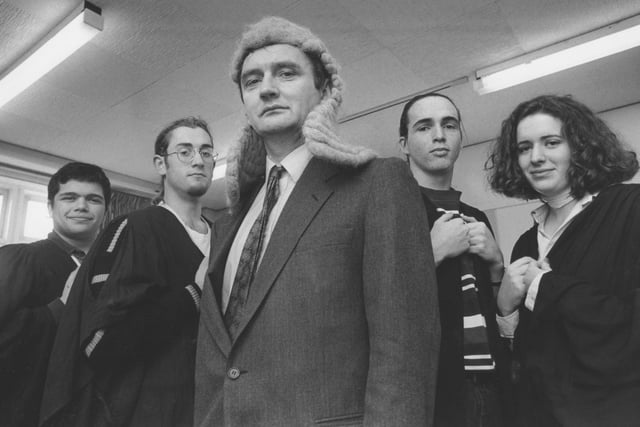 The law team from Scarborough Sixth Form College were due to compete in a regional final at Leeds. Pictured in November, 1993, are judge and jury, from left, John Chico, Ben Monks, a bewigged Head of Law Peter Ashton, Richard Moore and Jemma Barzey. 