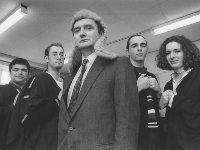 The law team from Scarborough Sixth Form College were due to compete in a regional final at Leeds. Pictured in November, 1993, are judge and jury, from left, John Chico, Ben Monks, a bewigged Head of Law Peter Ashton, Richard Moore and Jemma Barzey.