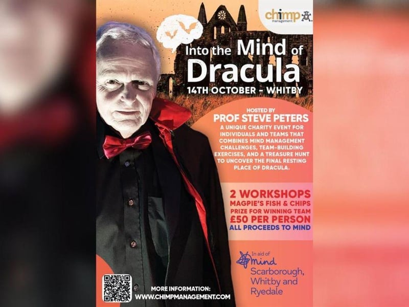 The 'Into the Mind of Dracula' charity treasure hunt starts from the Coliseum in Whitby on October 14. Renowned Psychiatrist and author Prof Steve Peters is set to lead an extraordinary Dracula-themed treasure hunt in Whitby, all in support of the local mental health charity, Mind Scarborough, Whitby, and Ryedale.