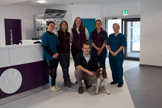 The directors of the new practice with team members in the reception of the new practice; most importantly including Nuala the spaniel.