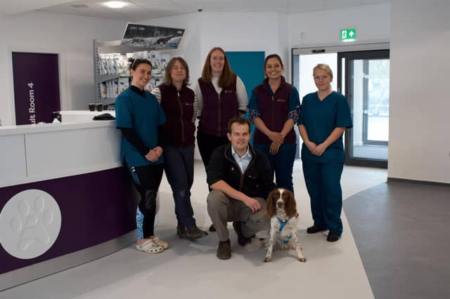 The directors of the new practice with team members in the reception of the new practice; most importantly including Nuala the spaniel.