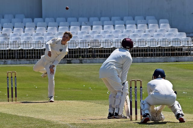 Alfie Wood bowling from the Trafalgar End for Scarborough CC 2nds.