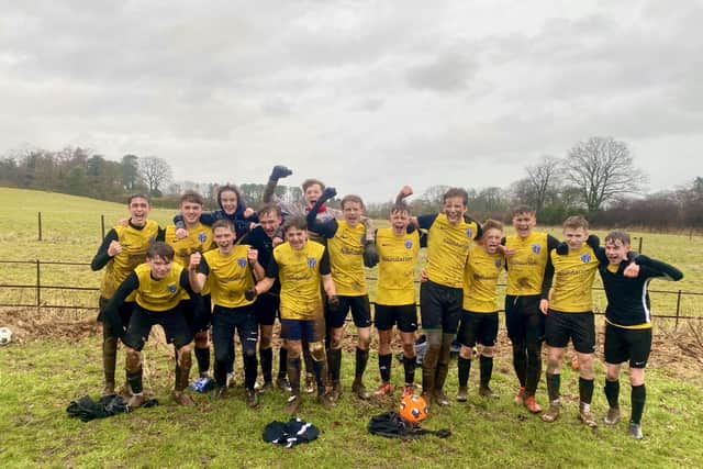 Scalby Under-15s celebrate their York FA Cup semi-final success at home to Hamilton Panthers.