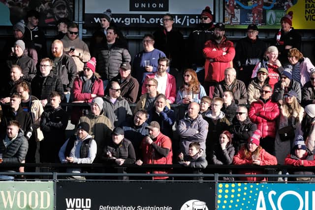 The Boro fans soak up the action as their side wins 3-0 at home to Leamington. Photo by Richard Ponter