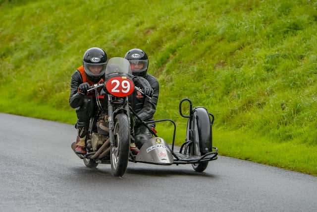 Adam Pope and John Christopher in sidecar action at the Barry Sheene Classic meeting. PHOTO: TONY ELSE