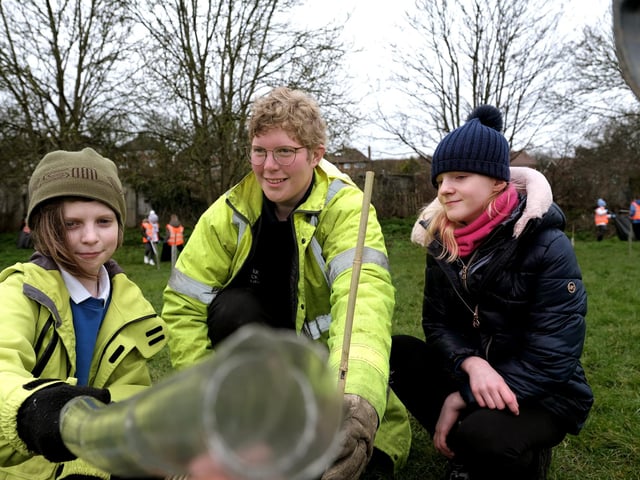 Cinder track Ranger Anna Waite planting with pupils.