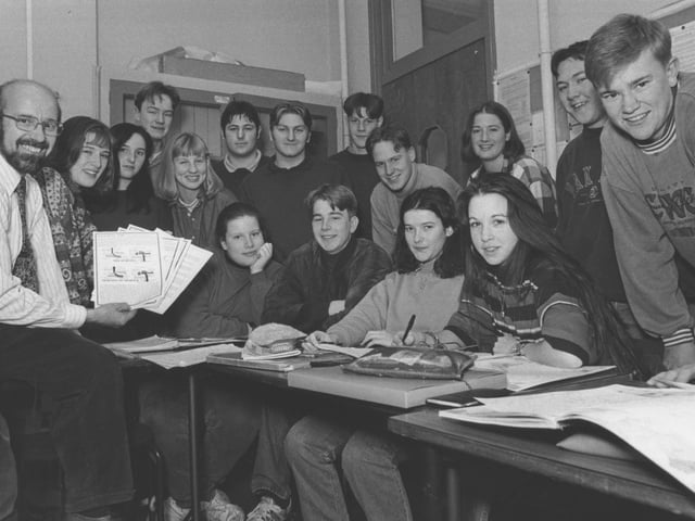 Pictured are Scarborough Sixth Form College students who completed a survey on traffic flow at Falsgrave roundabout back in November 1993. They are pictured with their geography tutor Jim Fenner.
