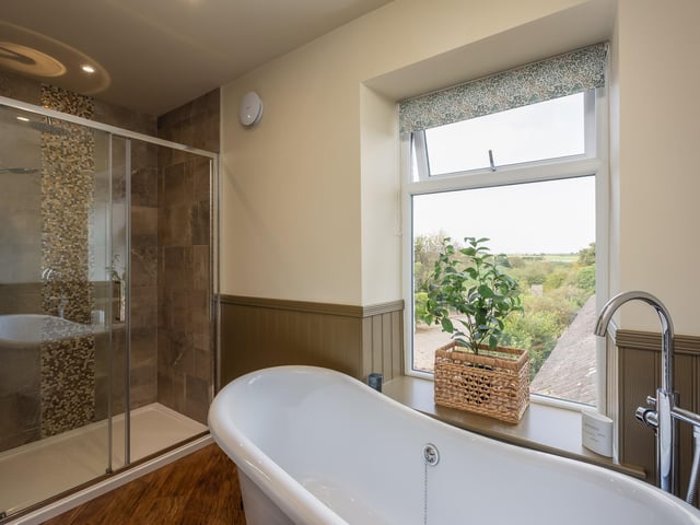 A luxury bathroom - and even the bath has a scenic view!