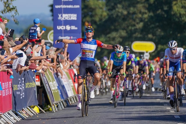 Olav Kooij of Team Jumbo Visma (Wearing the Leaders Jersey) Wins Stage 3 of the 2023 Tour of Britain in Beverley.