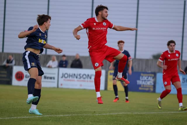 Rotherham loanee Reece Wilson glances header just wide against Grimsby Borough.    Photo by EC Media
