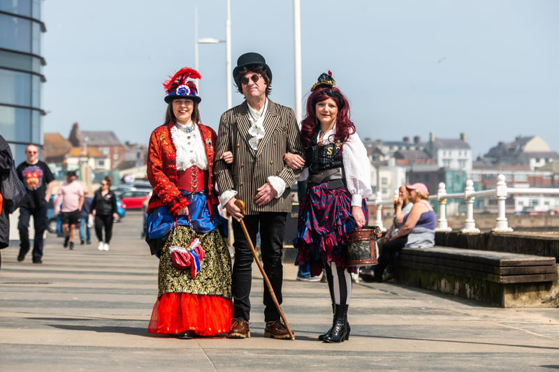 The Great Bridlington Steampunk Weekend. Pictured Angela Dodson, Darren Bayles, and Sally Russell, taking part in this weekends event.
Picture By Yorkshire Post Photographer,  James Hardisty.