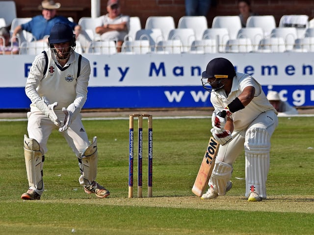 Prince Bedi opens the face of his bat during his 66.