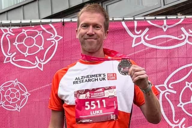 Luke Glover is pictured with his medal after completing the Yorkshire Marathon.