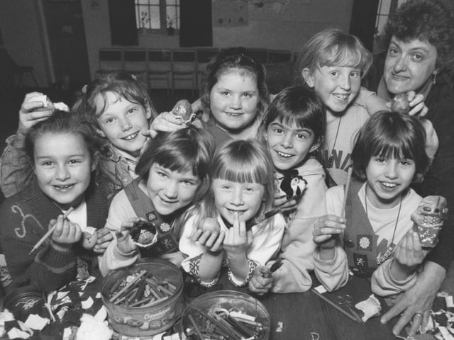 Brownies of the 20th Scarborough unit were busy making decorated eggs for Easter in April 1995. Pictured from left, back, Kayleigh Menari, Vicky Dunn, Fay Richardson, Brown Owl Jenny Roper; front Libby Wilcox, Rosie Parrott, Stephanie Deaves, Nadia Ranji, and Elizabeth Alexander. 