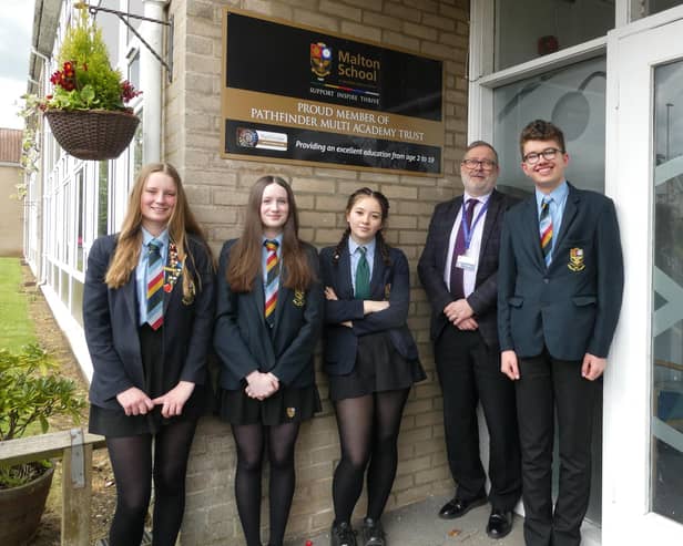 Rob Williams, Headteacher at Malton School, with year 11 students who have been elected by their peers as President and Vice President.
