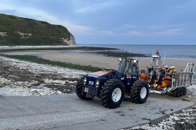 Flamborough Lifeboat, Atlantic 85, B-820, Elizabeth Jane Palmer returning to station at South Landing following the evening shout. Photo courtesy of Flamborough RNLI.