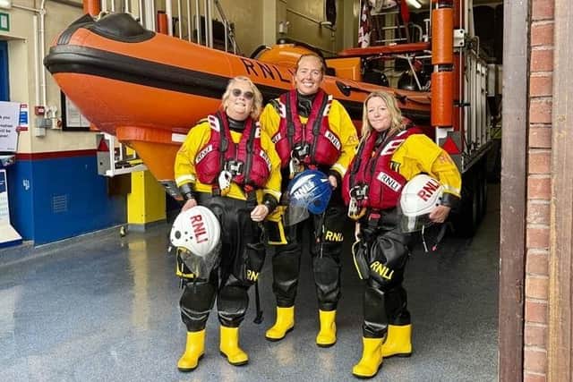 Sophie Wiles (assessor) with Anna Heslop and Andria Donnison during the tests. Photo: RNLI/John Bates