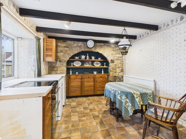 The beamed dining kitchen.