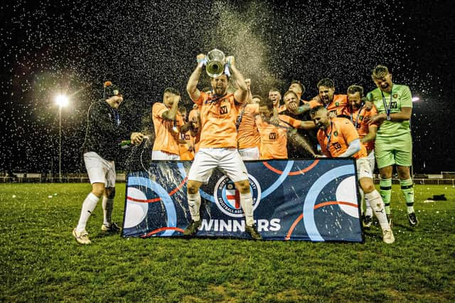 Edgehill celebrate their North Riding FA Saturday Challenge Cup final victory. Photo by http://www.teessidesports.co.uk