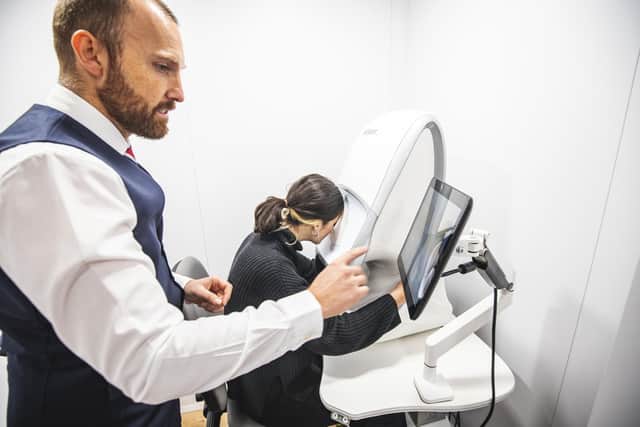 The fast, painless Optomap machine allows the optician to easily see most of the retina in a single image