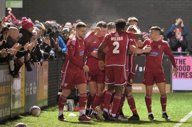 Boro players congratulate Ryan Qualter on the opening goal of the game for the home side. PHOTOS BY RICHARD PONTER