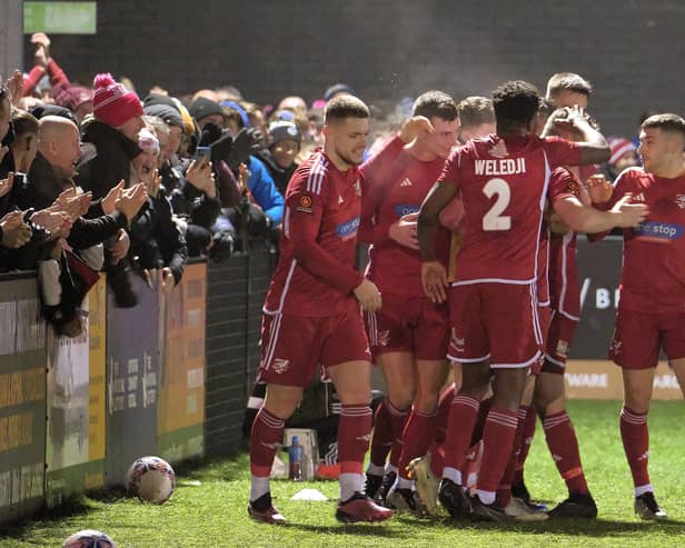 Boro players congratulate Ryan Qualter on the opening goal of the game for the home side. PHOTOS BY RICHARD PONTER