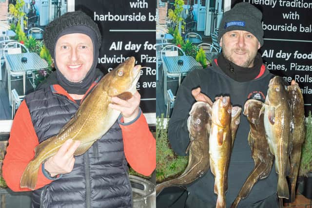 Davey Turnbull with Sunday's Heaviest Fish 4 lb 7 oz , and Rob Taylor, who won the Cloughton Rocks Festive Sweepstake. Photo by Peter Horbury