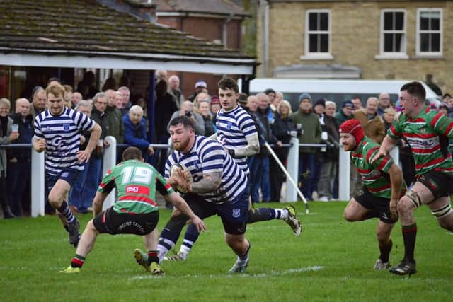 Matty Downes leads a Pocklington RUFC charge in the hard-earned home win against Keighley. Photo by Andy Nelson.