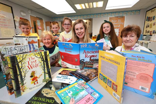Rosemary Forrest ,teacher Jenny Flinton and Marilyn Willis with pupils pic Richard Ponter