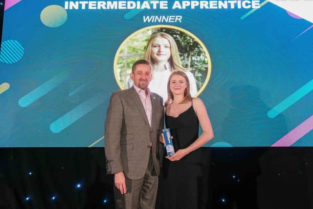 Intermediate Apprentice of the Year Award winner Elizabeth Lewin, of Yorebridge House, with Wayne Topley, managing director of Cedar Court Hotel, at the 2025 ceremony. Photo: Dean Atkins