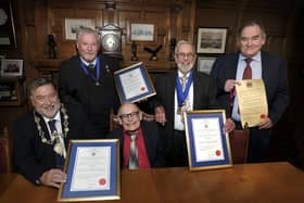 Back standing (left to right): Honorary Aldermen Tom Fox and Godfrey Allanson, Honorary Freeman Richard Grunwell. Front seated (left and right): Mayor of the Borough of Scarborough, Councillor Eric Broadbent and Honorary Alderman David Billing in the Mayor's parlour, Town Hall, Scarborough
Picture credit: Richard Ponter Photography / Scarborough Borough Council.