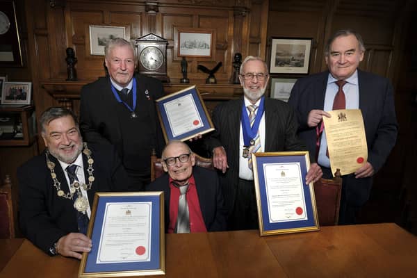 Back standing (left to right): Honorary Aldermen Tom Fox and Godfrey Allanson, Honorary Freeman Richard Grunwell. Front seated (left and right): Mayor of the Borough of Scarborough, Councillor Eric Broadbent and Honorary Alderman David Billing in the Mayor's parlour, Town Hall, Scarborough
Picture credit: Richard Ponter Photography / Scarborough Borough Council.