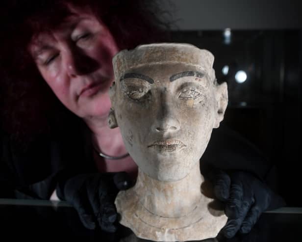 Prof Joanne Fletcher pictured with a bust of Tutankhamen,  at Experience, Barnsley. Picture by Simon Hulme
