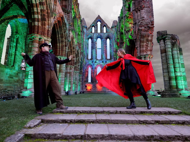 Confronting the vampire at Whitby Abbey.
