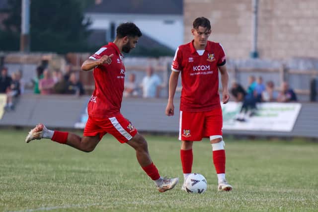Brid's Ahmed Salam on the free-kick that forced a top save by the Whitby keeper. Photo by EC Media