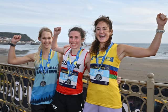 Annie O'Sullivan, left, was first female to the finish line for the 10K in an impressive time of 37:41, pushed all the way by runners-up Sarah Platten (Elswick Harriers( and Lindsey Welburn (New Marske) who clocked impressive times of 39:00 and 39:01 respectively. Photo by Richard Ponter