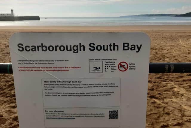 Scarborough South Bay bathing water warning sign. Photo: Anttoni Numminen, LDRS