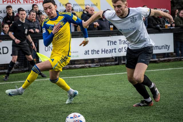 Rio Allan on the ball for Boro at Marine. Photo by Peter North