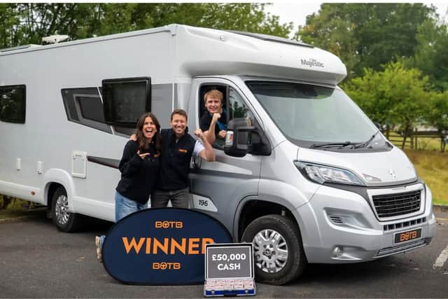 Aron Calvert, alongside the BOTB prize presenters, with his new Dream Car Hymer ML-T Crossover.