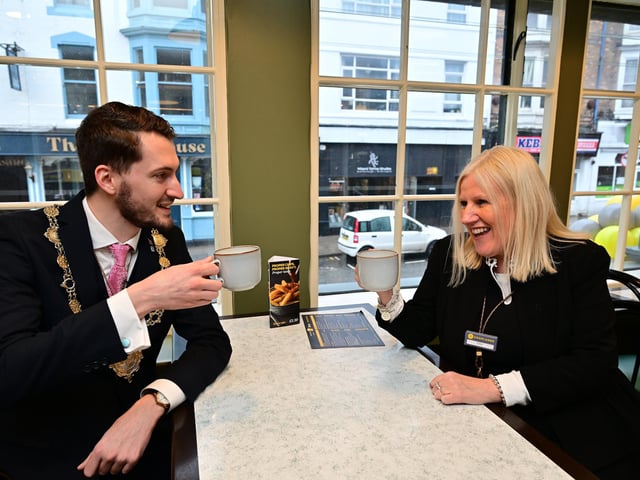 Mayor Thomas Murray enjoys a cuppa with Area Manager Tracy Larkin