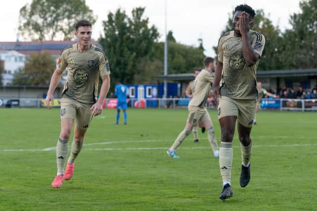 Kieran Weledji celebrates one of his two goals in the FA Cup win at Warrington Rylands in September 2024. Photo by Wandering Photography