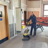 Kärcher cleaning equipment being put through its paces by Bridlington RNLI volunteer Dave Coverdale. Photo: RNLI/Mike Milner
